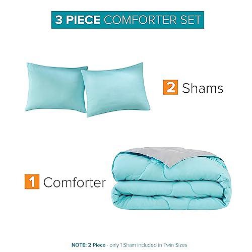 Comfort Spaces Vixie Reversible Comforter Set - Trendy Casual Geometric Quilted Cover, All Season Down Alternative Cozy Bedding, Matching Sham, Aqua/Gray, Full/Queen 3 piece | Down Alternative, All Season, Bedding for Bedroom, Geometric Pattern, Reversibl