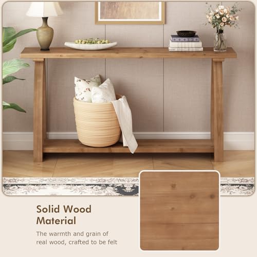 63" Long Solid Wood Console Table, Narrow Behind Couch Sofa Table | with A-Shaped Curved Legs, with Storage Shelf, Farmhouse Entryway Table, Rustic Skinny, for Living Room, Hallway or Foyer