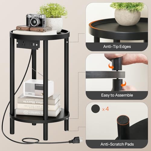 HOOBRO Small Round Side Table with Charging Station, 2-Tier Round Bamboo End Table, Compact Sofa Bedside Table for Small Space, Easy Assembly, for Living Room, Bedroom, Apartment, Black BB156UBZ01 - color: Black