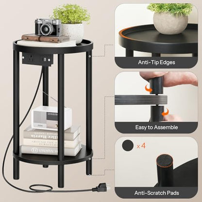 HOOBRO Small Round Side Table with Charging Station, 2-Tier Round Bamboo End Table, Compact Sofa Bedside Table for Small Space, Easy Assembly, for Living Room, Bedroom, Apartment, Black BB156UBZ01 - color: Black