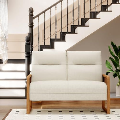 Alunaune Modern Loveseat Bench Couch with Natural Rattan Arm, Upholstered Linen Small Love Seat Sofa 2-Seats Living Room Couch Settee, Comfy Lounge Recliner Chair-Ivory - color: Ivory