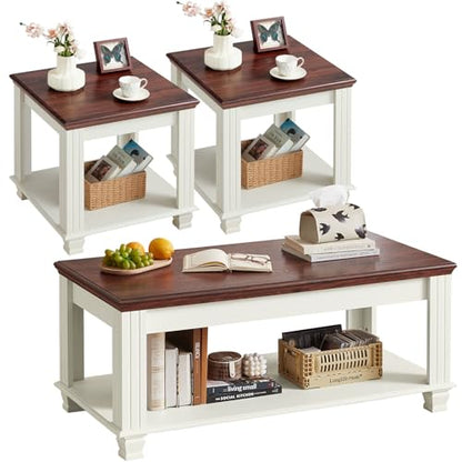 Farmhouse Coffee Table Set of 3, White | Rustic Wood 3 Piece Coffee and End Table Sets with Open Shelf for Living Room - color: White