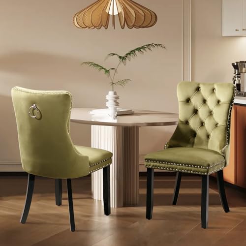 Velvet Upholstered Dining Chairs Set of 2, Modern Style Kitchen Side Chairs with Nailhead Trim and Wood Legs,Metal Pulling Ring for Dining Room Living Room(Olive Green,Set of 2) - color: Olive Green, size: Set of 2