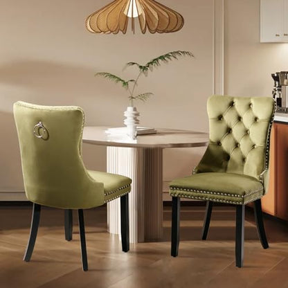 Velvet Upholstered Dining Chairs Set of 2, Modern Style Kitchen Side Chairs with Nailhead Trim and Wood Legs,Metal Pulling Ring for Dining Room Living Room(Olive Green,Set of 2) - color: Olive Green, size: Set of 2