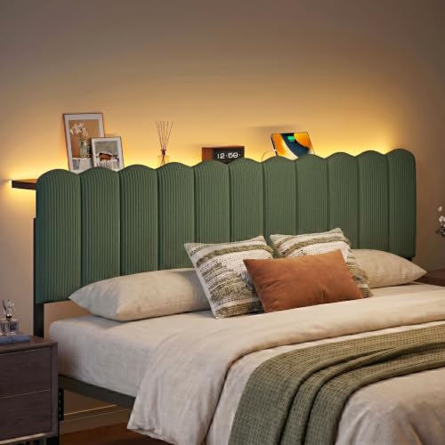 King LED Light Headboard with Storage Shelf, Olive Green | RGB LED 20 colors 21 modes, remote control, scalloped tufted, USB-A & Type-C ports, storage shelf, adjustable, foam padded - color: Olive Green, size: King