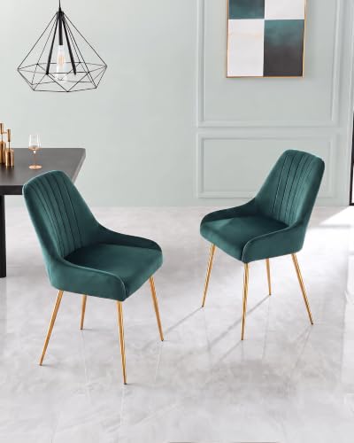 Green Velvet Dining Chairs Set of 2, Modern Kitchen and Vanity Chairs | Modern upholstered vanity chairs with gold metal legs, stain-resistant hand-quilted fabric, high-density foam cushion seat - color: Green, size: Set of 2