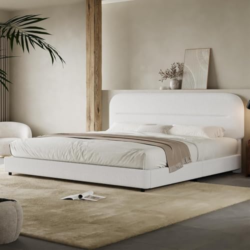 HOMBCK King Size Bed Frame, Upholstered Boucle Bed Frame King with Headboard, Soft Cloud Bed Frames with Thickened Footboard, Rounded Corners, No Box Spring Required, Easy Assembly, White - color: White, size: King