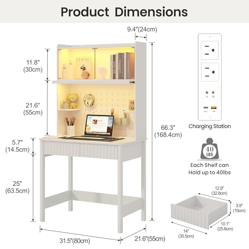 Lvifur 31.5" LEDStudy Desk with Drawer,Hutch,Reading Lights | Computer Desk with Charging Station,2 Drawer,Compact Writing Desks,Home Office Desks for Bedroom,White - color: White-a