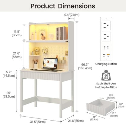 Lvifur 31.5" LEDStudy Desk with Drawer,Hutch,Reading Lights | Computer Desk with Charging Station,2 Drawer,Compact Writing Desks,Home Office Desks for Bedroom,White - color: White-a