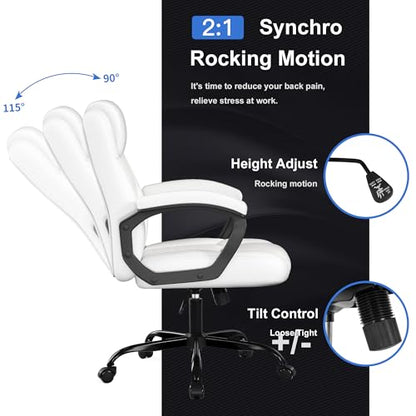 Misolant Office Chair, Executive Desk Chair, PU Leather Comfortable Ergonomic Chairs with Fixed Armrest, Adjustable Height, Rocking Function, 360° Swivel Wheels, White - color: White