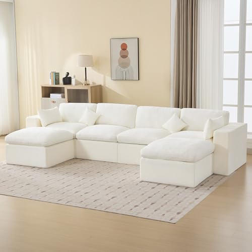 146''Cloud Boneless Sectional Couch, Modular Sectional Sofa Deep Seat with 2 Ottomans, Oversized Upholstered Convertible Comfy 6 Seater Chenille Sofa U Shape Couches for Living Room, Beige - color: Beige, size: 146"/4 Seater+2 Ottoman