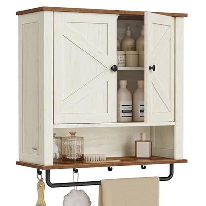 VASAGLE LIRY Collection - Bathroom Wall Cabinet, Farmhouse Wall-Mounted Medicine Storage Cabinet with 2 Barn Doors, Adjustable Shelf, Towel Bar, 7.9 x 23.6 x 28.7 Inches, Rustic White UBBK131W01S - color: Rustic White, style: 2Doors（28.7"H）