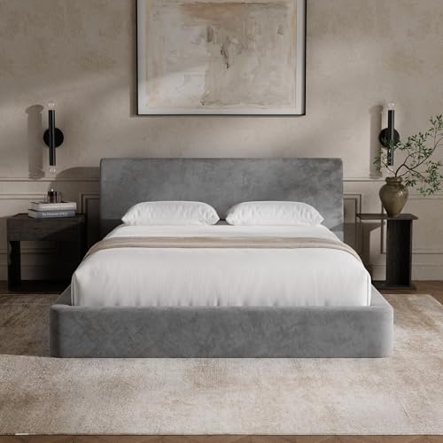 RECCI AirFrame Queen Upholstered Bed Frame with Ergonomic Angled Headboard | Ergonomic Angled Headboard, 360° Soft Foam Surround, Low Profile Cloud Bed Frame, No Box Spring Required, Easy Assembly - color: Moon Grey, size: Queen