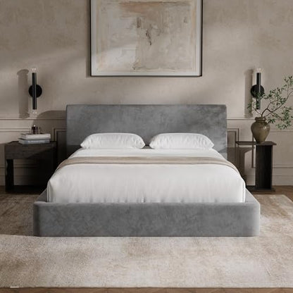 RECCI AirFrame Queen Upholstered Bed Frame with Ergonomic Angled Headboard | Ergonomic Angled Headboard, 360° Soft Foam Surround, Low Profile Cloud Bed Frame, No Box Spring Required, Easy Assembly - color: Moon Grey, size: Queen