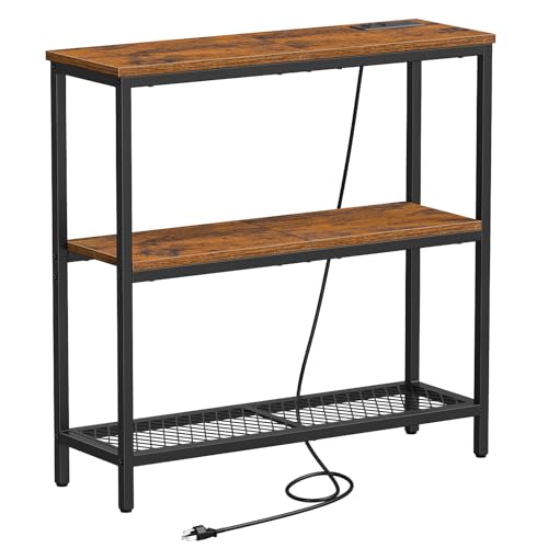 Snughome Console Table with Power Outlets, Entryway Table with Storage, Narrow Sofa Table with 3 Tier Shelves, 2 USB Ports, 2 Power Outlets, Hallway Table for Couch, Living Room, Entrance - color: Rustic Brown