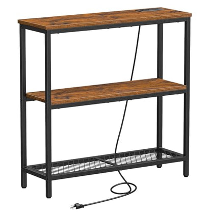Snughome Console Table with Power Outlets, Entryway Table with Storage, Narrow Sofa Table with 3 Tier Shelves, 2 USB Ports, 2 Power Outlets, Hallway Table for Couch, Living Room, Entrance - color: Rustic Brown