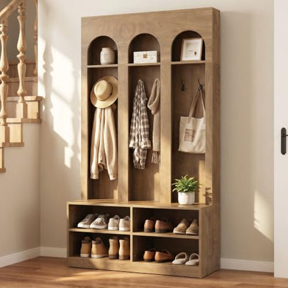 LITTLE TREE Hall Tree with Shoe Storage, Entryway Bench with Coat Rack | 6 Double Hooks, Entryway Storage Furniture, Mudroom Bench with Storage and Hooks, Farmhouse Hall Tree, Hallway Tree, Brown