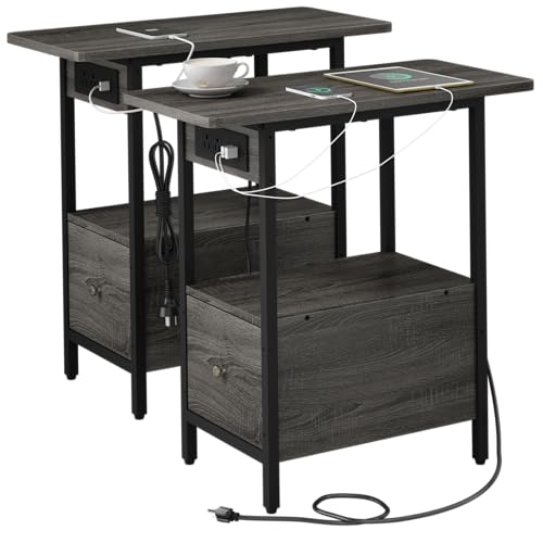 LIDYUK End Table with Charging Station, Narrow Side Table with Drawer | Equipped with USB Ports & Power Outlets, Nightstand Bedside Tables for Small Spaces, Bedroom, Living Room, Dark Grey - color: Dark Grey, size: Pack of 2