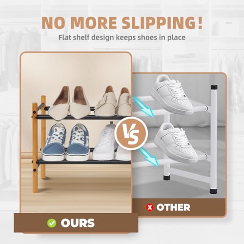 STORAGE MANIAC Expandable Shoe Rack, 8 Pairs Stackable Small Shoe Rack, Metal Adjustable Shoes Organizer for Closet, Entryway, Hallway, Garage, Front Door, Shoes Shelves, Bamboo 2 Tier - size: 2 Tier