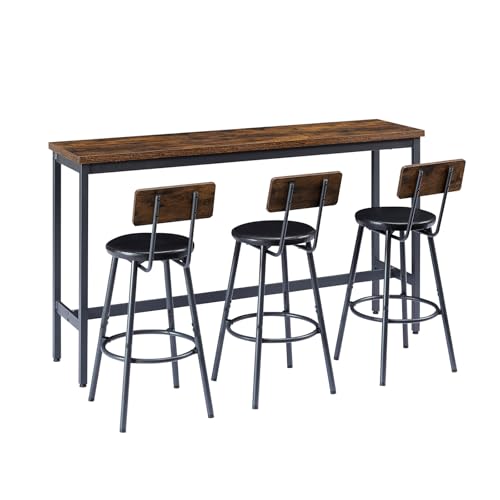 63” Long Bar Table Set for 3, Counter Height Industrial Pub Table with 3 PU Upholstered Bar Stools, Space-Saving Kitchen Breakfast Table and Chairs for Small Spaces, Rustic Brown and Black - color: Rustic Brown, style: Long bar table with stools/bar table