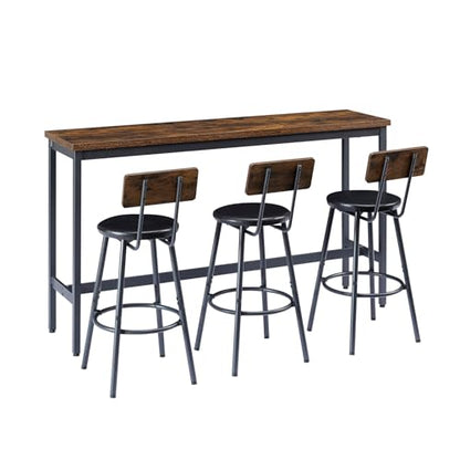 63” Long Bar Table Set for 3, Counter Height Industrial Pub Table with 3 PU Upholstered Bar Stools, Space-Saving Kitchen Breakfast Table and Chairs for Small Spaces, Rustic Brown and Black - color: Rustic Brown, style: Long bar table with stools/bar table