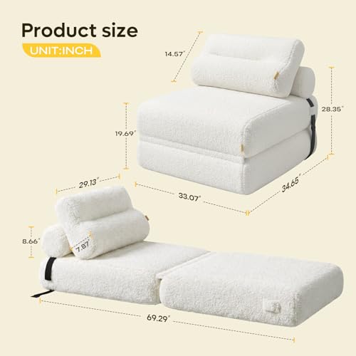 Boneless Folding Sofa Bed, Convertible Sleeper Chair, Off White | Boneless folding sofa bed, 3-in-1 sleeper chair & floor couch. Plush teddy fleece, lumbar pillows, space-saving, no assembly - color: Off-white