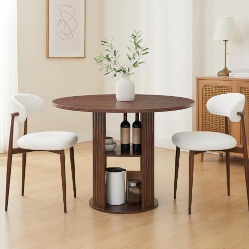 3-Piece Walnut Round Dining Table Set with 2 Upholstered Chairs, 47 Inch Kitchen Table for 2-4, Circle Dining Room Table Set with 2-Tier Storage Shelf, Wood Top Metal Frame for Small Spaces - color: Walnut