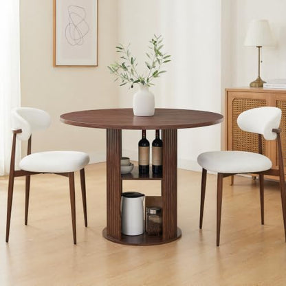 3-Piece Walnut Round Dining Table Set with 2 Upholstered Chairs, 47 Inch Kitchen Table for 2-4, Circle Dining Room Table Set with 2-Tier Storage Shelf, Wood Top Metal Frame for Small Spaces - color: Walnut