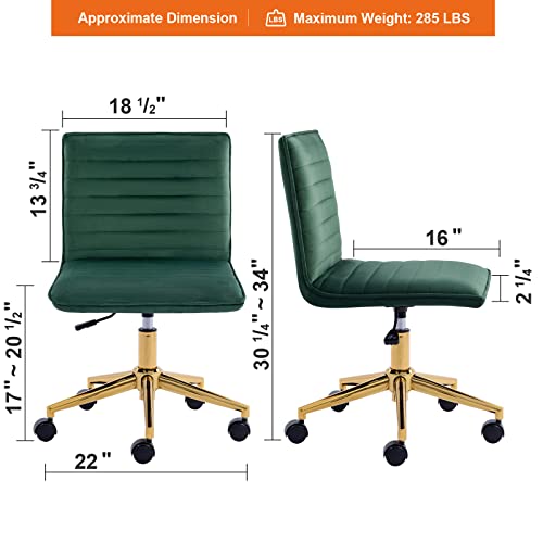 Furnimart Velvet Home Office Armless Desk Chair Adjustable Task Chairs Small Swivel Upholstered Office Chair Students Desk Chair Mid-Back Home Office Chair Dorm Chair (Velvet-DarkGreen) - color: Velvet-darkgreen