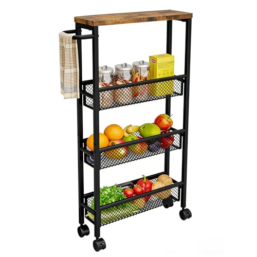 Slim Rolling Cart 4 Tier Narrow Storage Cart on Wheels with Handle | Lockable Wheels, Wood Top Panel, Metal Frame Utility Carts for Kitchen, Dining, Living, Home Office, Laundry Room - size: 16.54 x 5.12 x 30.31 inch