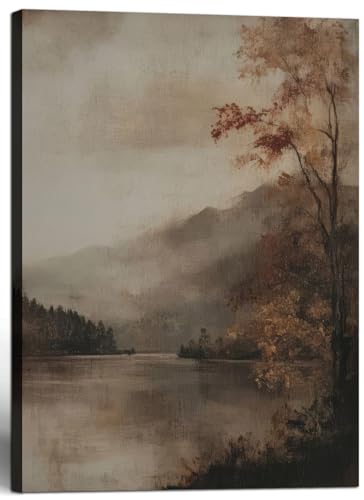 WALUPLL Autumn Landscape Wall Art Lake Scenery Wall Art Fall Lake Scenery Canvas Art Nature Mountain Decor for Living Room Bedroom 16x24 Inch Ready to Hang - color: Vintage Autumn Lake, size: 24"L x 16"W