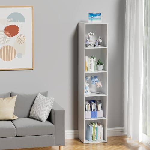 5 Tier Bookshelf, Open Tall Narrow Floor Standing Bookcase, Wooden Book Shelf Display Organizer for Home Office, Study (White, 5 Cube) - color: White, size: 5-Cube