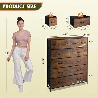 WLIVE 12 Drawer Tall Fabric Dresser Bedroom Storage Chest, Rustic Brown | 12-drawer tall fabric dresser with wood top and steel frame, P2 grade board, ideal for bedroom closet living room storage - color: Rustic Brown Wood Grain Print