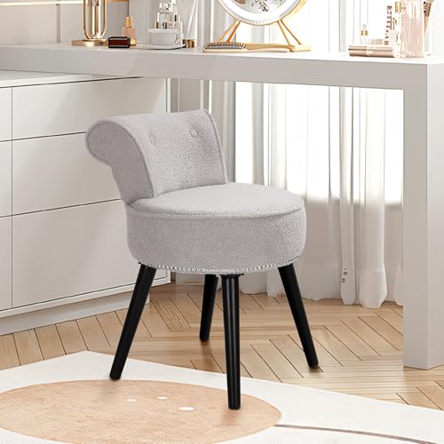 Vanity Chair with Back, Sherpa Stool with Tufted Backrest & Silver Nailhead Trim, Round Vanity Seat for Bedroom and Bathroom Makeup, Support 220lbs, Easy Assembly (Teddy Gray) - color: Sherpa Gray