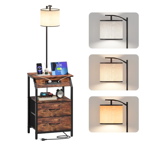 End Table with Floor Lamp, Nightstand with Charging Station, Floor Lamp Table with 3-Color Temperature Bulb, Bedside Table Night Stand with 2 Drawers for Bedroom, Living Room, Brown - color: Brown 2 Drawers