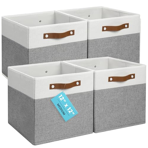 OrganiHaus 12x12 Cube Storage Bins, Set of 4 - Fabric Storage Cubes | Sturdy, holds its shape; odor-free; fits 12-inch cube shelves; vegan leather handles - color: Gray Base / Off-White, size: (12x12) Leather Handles