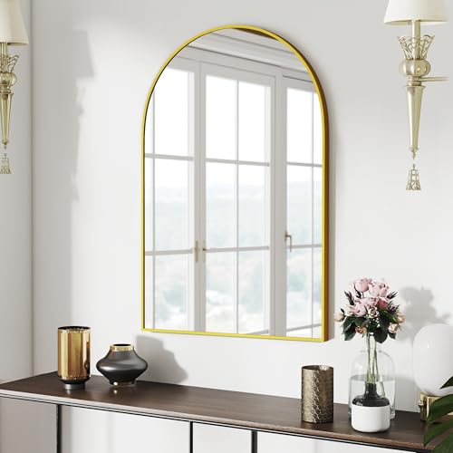 36x24 Bathroom Mirror Arch Wall Mounted/Against Aluminum Frame Gold | HD Crystal Clear No distortion Tempered Glass,Make-Up Vanity Mirrors for Bedroom,Entryway,Living Room - color: Gold, size: 36"L x 24"W