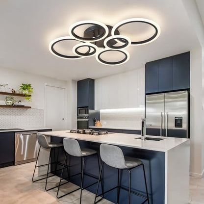 Shine LUEST 6 Rings Black Modern LED Ceiling Light Fixture, Flush Mount Ceiling Light with Remote Dimmable Brightness, Adjustable 3000-6000K Color Temperature, Timer for Living Room, Bedroom - color: Black, 6 Rings