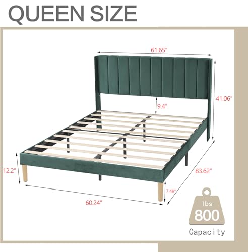AGARTT Upholstered Platform Bed Frame Queen Size, Ink Green Velvet | Headboard and Footboard/Wooden Slats Support/No Box Spring Needed/Easy Assembly - color: Ink Green Velvet, size: Queen