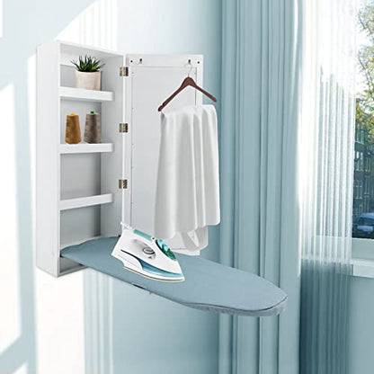 Wall Mounted Ironing Board with Storage Cabinet Built in Swivel Ironing Board with 3Tier Shelf & Dressing Mirror for Home Apartment & Small Spaces