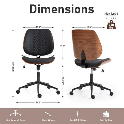 Modern Walnut Home Office Chair, Executive Desk Chair No Arms Black | with Wheels, Adjustable Height, Comfy PU, Deeper Cushion, Mid Back, 360 Swivel Computer Chair - color: Black