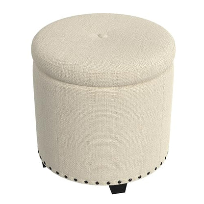HomePop 18.5" Round Storage Ottoman with Nailheads - Cream Woven - color: Oatmeal Linen