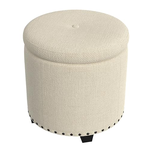 HomePop 18.5" Round Storage Ottoman with Nailheads - Cream Woven - color: Cream Woven