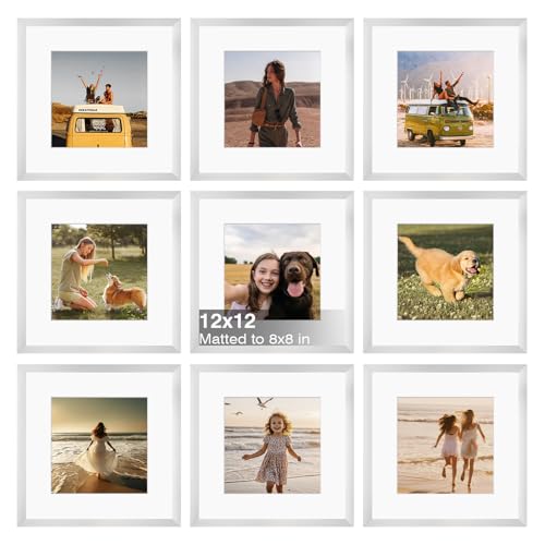 12x12 Frame Set of 9, 12 by 12 Square Picture Frames with Plexiglass for Picture 8x8 with Mat or 12x12 without Mat Art Collage for Wall Gallery and Tabletop Display, 12 x 12 Frame Silver - color: Silver, size: 12x12