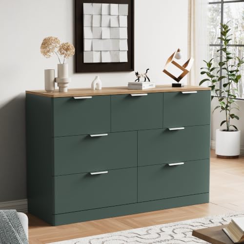 7 Drawer Dresser for Bedroom, 47.2" Wide Modern Chest of Drawers with 7 Large Storage Space with Curved Edge Design, Large Dresser w/Metal Handles for Bedroom,Green & Brown - color: Green & Brown, size: 15.7"D x 47.2"W x 31.5"H (7 Drawers)