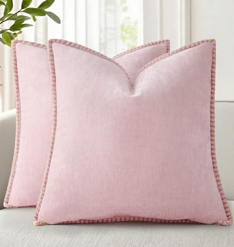 decorUhome Soft Chenille Throw Pillow Covers 18x18 Set of 2 Blush Pink | Fall Textured Decorative Throw Pillow Cases Stitched Edge Modern Farmhouse Luxury Boho Velvet for Couch Sofa Bed Home Decor - color: Blush Pink, size: 18" x 18" (Pack of 2)