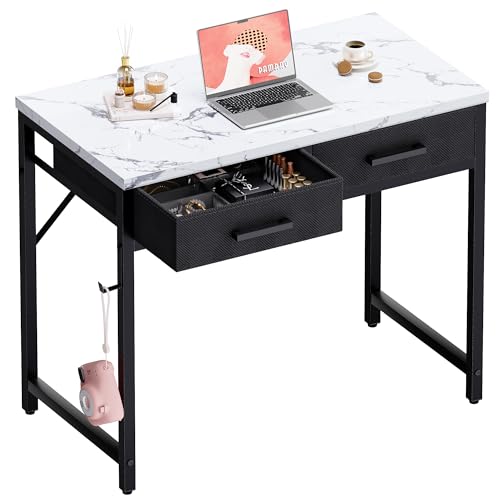 Pamray 32 Inch Small Computer Desk with 2 Drawers for Bedroom Study Writing Home Office Table for Small Spaces Marble - color: Marble, size: 32 Inch
