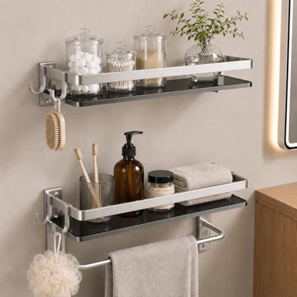 Glass Shelf for Bathroom 15.7 in Bathroom Shelves with Towel Bar Tempered Glass Shelves with 4 Removable Hooks for Wall（2 Tier） - color: Silver