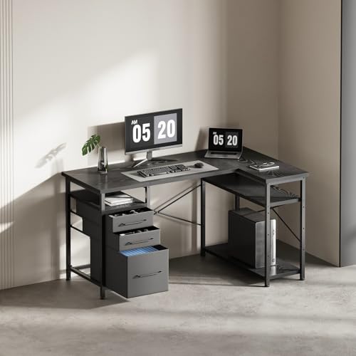 L Shaped Desk with Drawers, Office Desk with Storage Shelves, Black | 47in Desktop, Sturdy Metal Frame, Adjustable Pads, Corner Desk, Computer & Writing Desk, Compact Gaming Workstation - color: Black, size: 47Inches