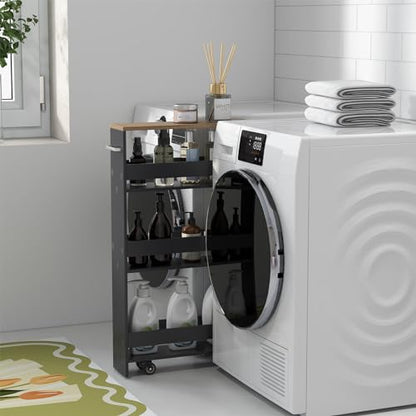 Slim Storage Cart, 4-Tier Rolling Cart with Handle & Wooden Top for Kitchen Bathroom Laundry Living Room Narrow Small Spaces, 5 Inches Width (Grey & Natural) - color: Grey & Natural